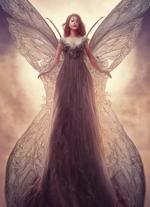 Image similar to full body portrait of a beautiful fairy women with wings of lace, by artgerm, sunny day, highly detailed, perfect lighting, perfect composition, symmetry, detailed features, 4 k, by alan lee, by derek zabrocki, by greg rutkowski