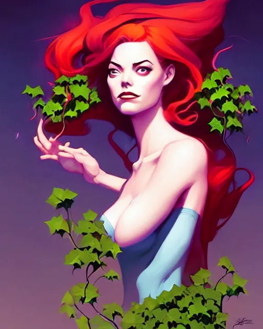 Image similar to peter mohrbacher, phil noto comicbook cover art, artgerm, emma stone poison ivy, vines, symmetrical eyes, city rooftop