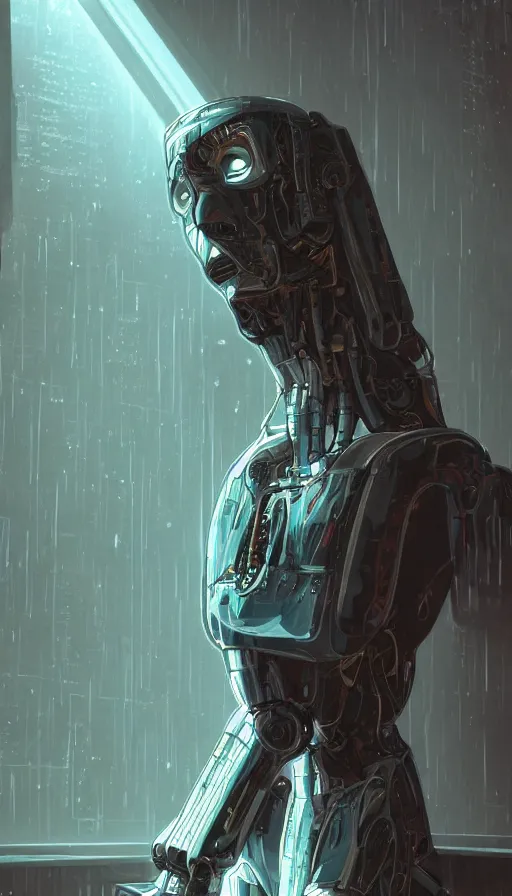 Image similar to portrait of broken humanoid metal robot praying in empty church, sunshine through window, bladerunner, cold color scheme, digital illustration, artstation, cinematic composition