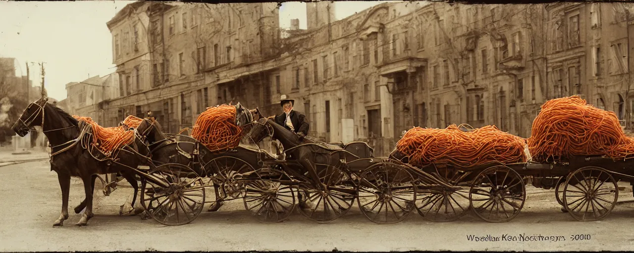 Image similar to 1 8 0 0 s horse drawn carriage carrying piles of spaghetti to a factory, daguerreotype, ultra - realistic faces, fine detail, anon 5 0 mm, wes anderson, kodachrome, retro