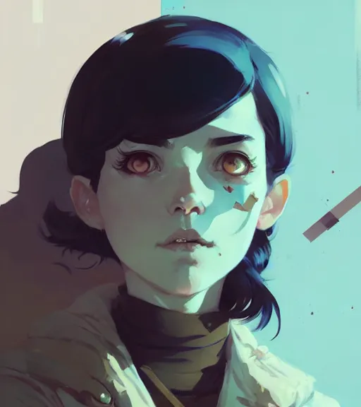 Prompt: portrait of naru from prey, by atey ghailan, by greg rutkowski, by greg tocchini, by james gilleard, by joe fenton, by kaethe butcher, dynamic lighting, gradient light blue, brown, blonde cream and white color scheme, grunge aesthetic