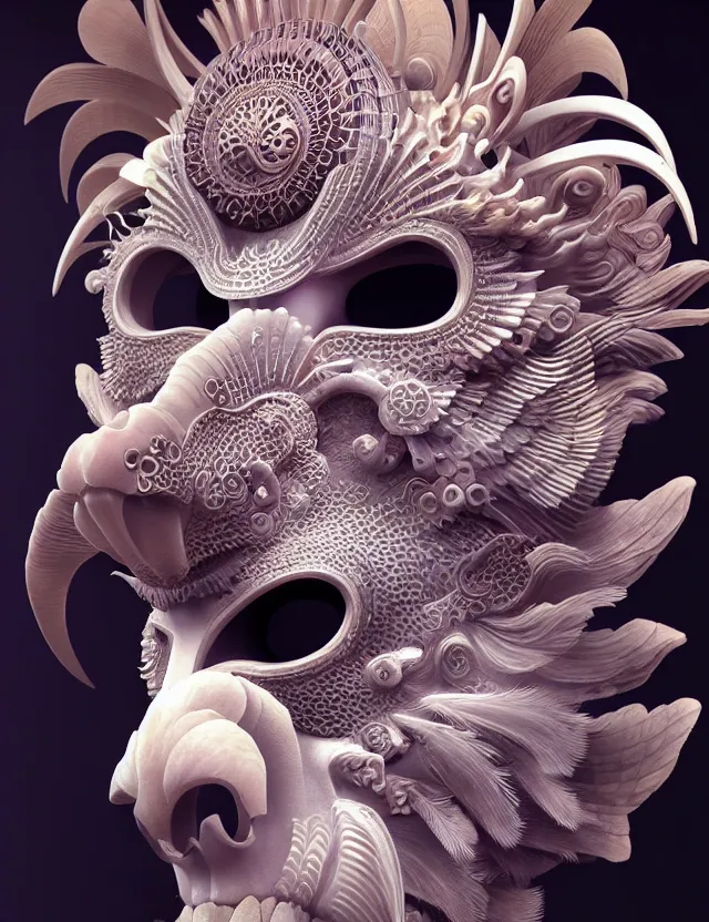 Image similar to 3 d goddess close - up frontal portrait with ram skull. beautiful intricately detailed japanese crow kitsune mask and clasical japanese kimono. betta fish, jellyfish phoenix, bio luminescent, plasma, ice, water, wind, creature, artwork by tooth wu and wlop and beeple and greg rutkowski