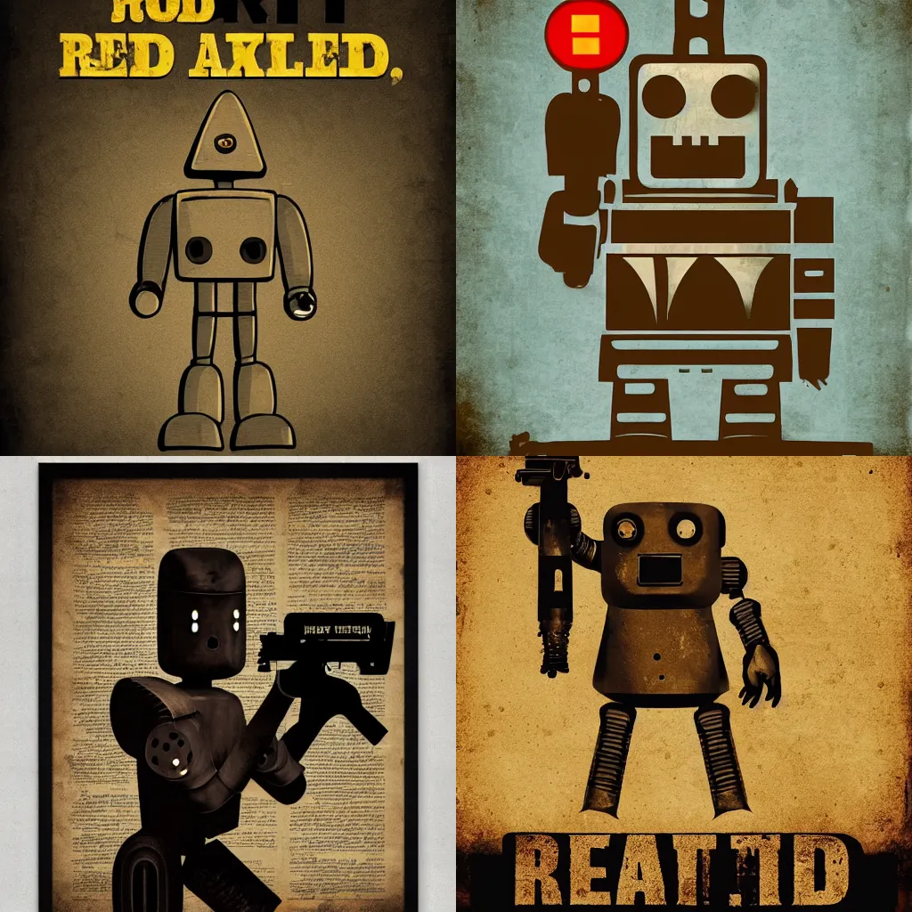 Prompt: retro poster, with title wanted dead or alive, paper, robot on poster that is holding weapon, sepia, concept art, 4k