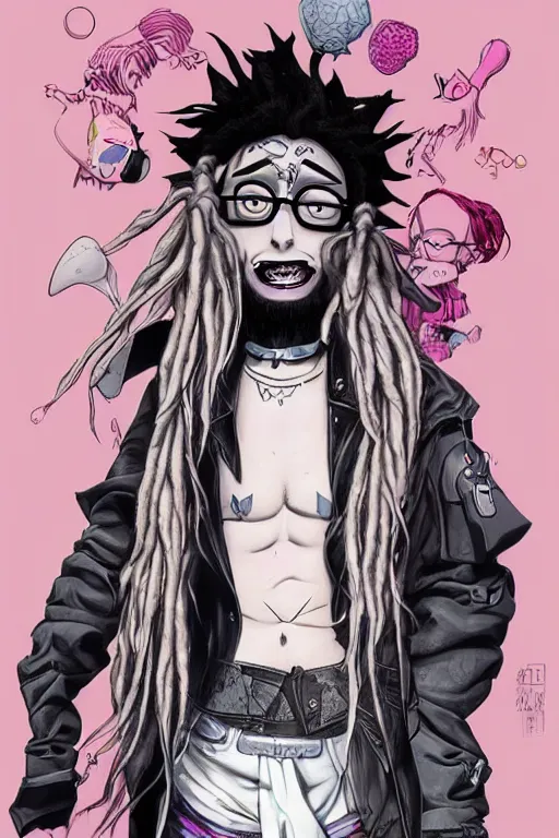 Prompt: kawaii pastel goth guy with dreads and eccentric clothing by jamie hewlett and artgerm, cel shading, toon shading, detailed,
