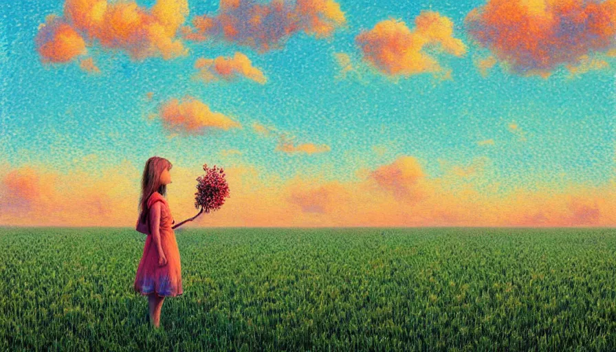 Image similar to girl with flower face in empty wheat field, surreal photography, colorful clouds, tree, impressionist painting, colorful clouds, digital painting, pointillism, sunset, artstation, simon stalenhag