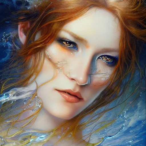 Image similar to a beautiful woman manipulating water by karol bak, ayami kojima, artgerm, river, water, blue eyes, smile, concept art, fantasy