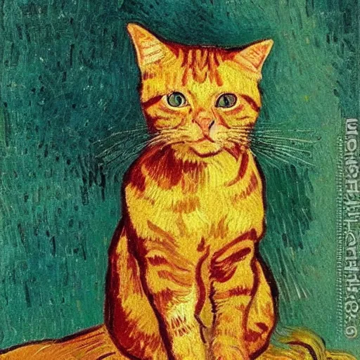 Prompt: Van Gogh portrait of a ginger tabby cat wearing a beautiful outfit