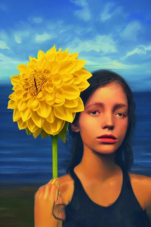 Prompt: closeup girl with huge yellow dahlia flower as a face, on beach, surreal photography, blue sky, sunrise, dramatic light, impressionist painting, digital painting, artstation, simon stalenhag