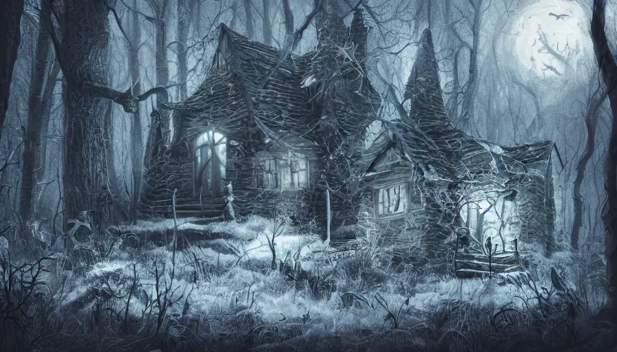 Image similar to abandoned witch cabin in a middle of a dark forest covered by huge cobwebs, hyperdetailed, artstation, cgsociety, 8 k