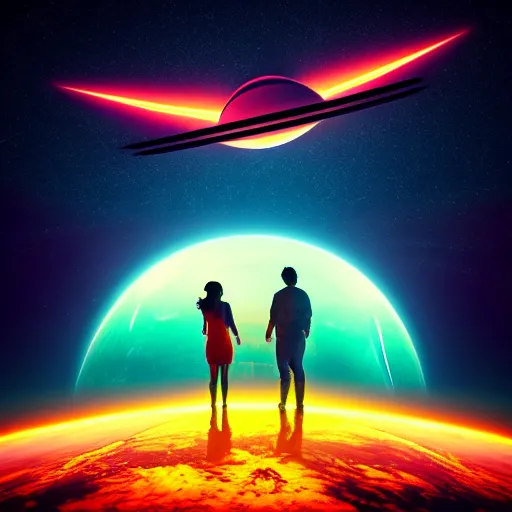 Prompt: couple staying on the edge of the earth and looking spaceship leaving the planet, huge ship bigger than planet, symmetry composition, crashed dimensions, backward camera, wide epic angle, flying objects, night neon colors, unreal engine, high detailed W 1280