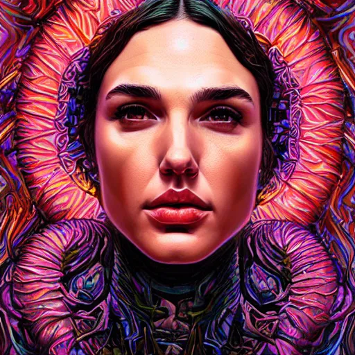 Image similar to portrait of gal gadot, hyper detailed masterpiece, neon floral pattern, jean giraud, digital art painting, darkwave goth aesthetic, psychedelic, artgerm, donato giancola and tom bagshaw