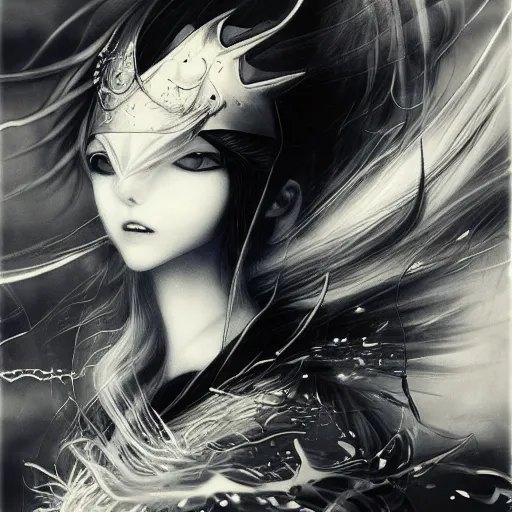 Image similar to Yoshitaka Amano blurred and dreamy illustration of an anime girl with pirate eye patch, wavy white hair and cracks on her face wearing Elden ring armour with the cape fluttering in the wind, abstract black and white patterns on the background, noisy film grain effect, highly detailed, Renaissance oil painting, weird portrait angle