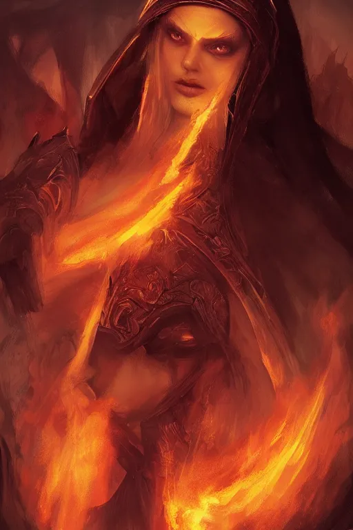 Image similar to princess of eternal fire and death, face portrait, raphael lacoste, eddie mendoza, alex ross, concept art, matte painting, highly detailed, rule of thirds, dynamic lighting, cinematic, detailed, denoised, centerd