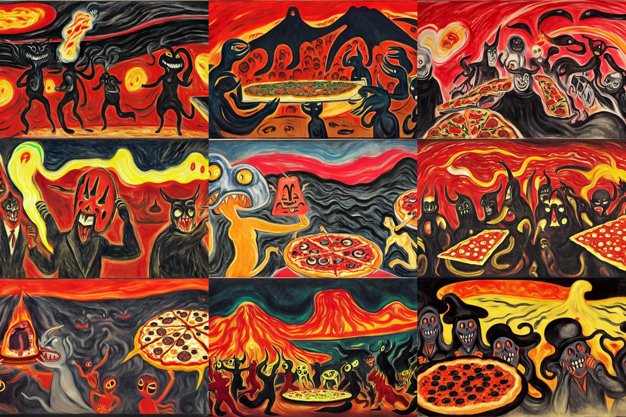 Prompt: masked demons grabbing a large pizza!!!, in the background is a volcano spewing lava and black smoke, streams of glowing hot lava, flashes of lightning in the distance. wide angle, long shot, an ultrafine detailed painting by edvard munch, deviantart, pop surrealism