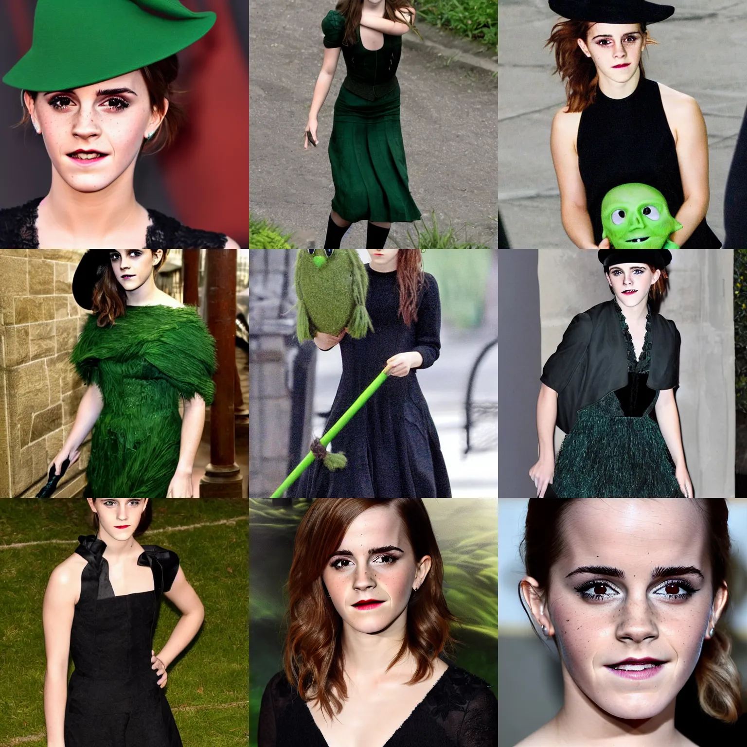 Prompt: malevolent emma watson with green skin, dark black dress, smirking, black witch hat and broomstick, long bushy hair