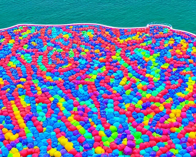 Image similar to a long shot of a giant award winning sculpture made out of thousands of inflatable pool toys in the shape of a realistic human head on the surface of the ocean, in the style of chad knight, hyper detailed, hyper realistic, ray tracing, 8 k resolution, sharp focus, realistic water