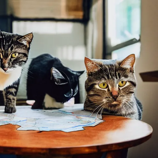 Prompt: a photo of cats around a table with a map of world