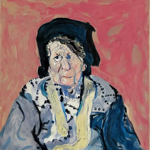 Image similar to painting of an old woman sitting on a chair, staring at you, by georg baselitz