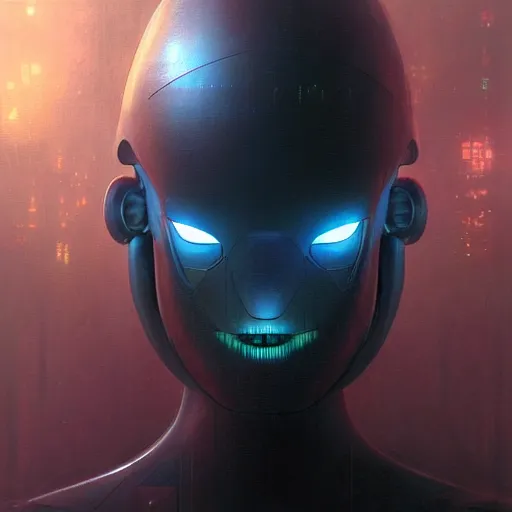 Image similar to dark digital concept art portrait of a high - tech robot on a depth of field background, artstation, award - winning realistic sci - fi concept art by jim burns and greg rutkowski, beksinski, a realism masterpiece, moody color palette, james gilleard, bruegel, alphonse mucha, and yoshitaka amano