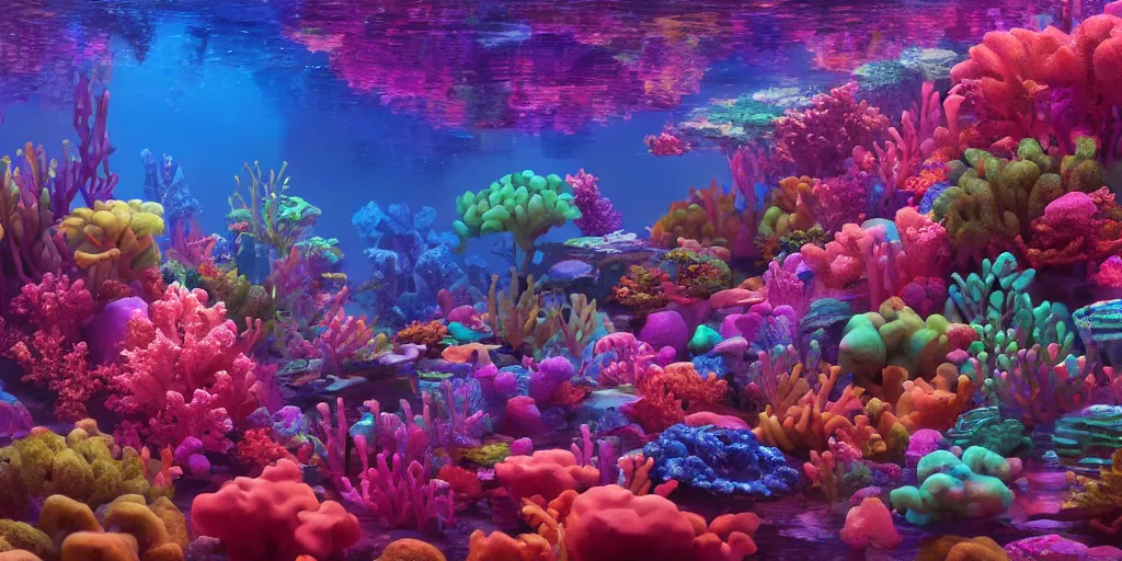 Prompt: majestic neon glowing coral reef, masterpiece painting by fabian jimenez and Jonathan solter, hyper realism, octane render