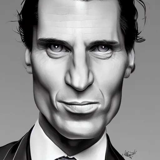 Image similar to Caricature portraits done of Patrick Bateman, realistic, hyperrealistic, very realistic, highly detailed, very detailed, extremely detailed, detailed, oil painting, digital art, trending on artstation