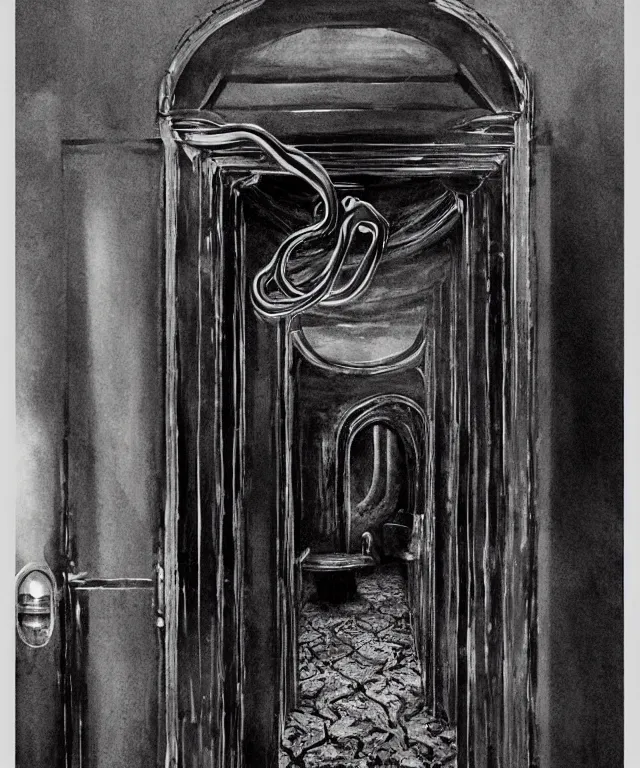 Prompt: horrifying photorealistic image of a 1 9 2 5 hotel elevator lobby, elevator doors look like a mouth, with a tentacle - shaped tongue, licking out, dark, atmospheric, brooding, smooth, finely detailed, cinematic, epic, lovecraft, in the style of lee gibbons