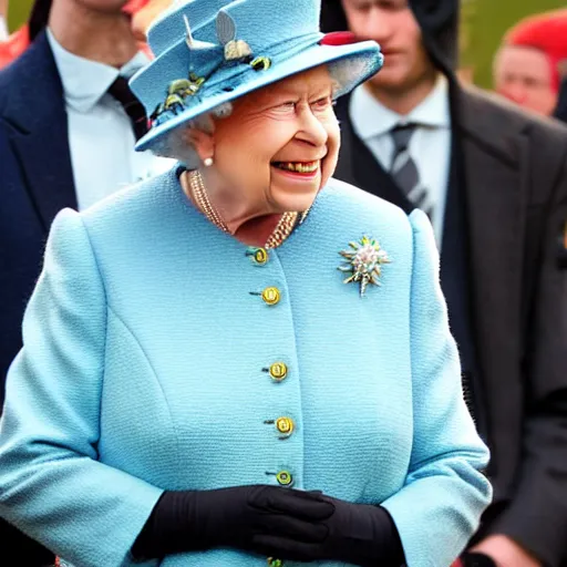 Prompt: Queen Elizabeth II gopnik squatting