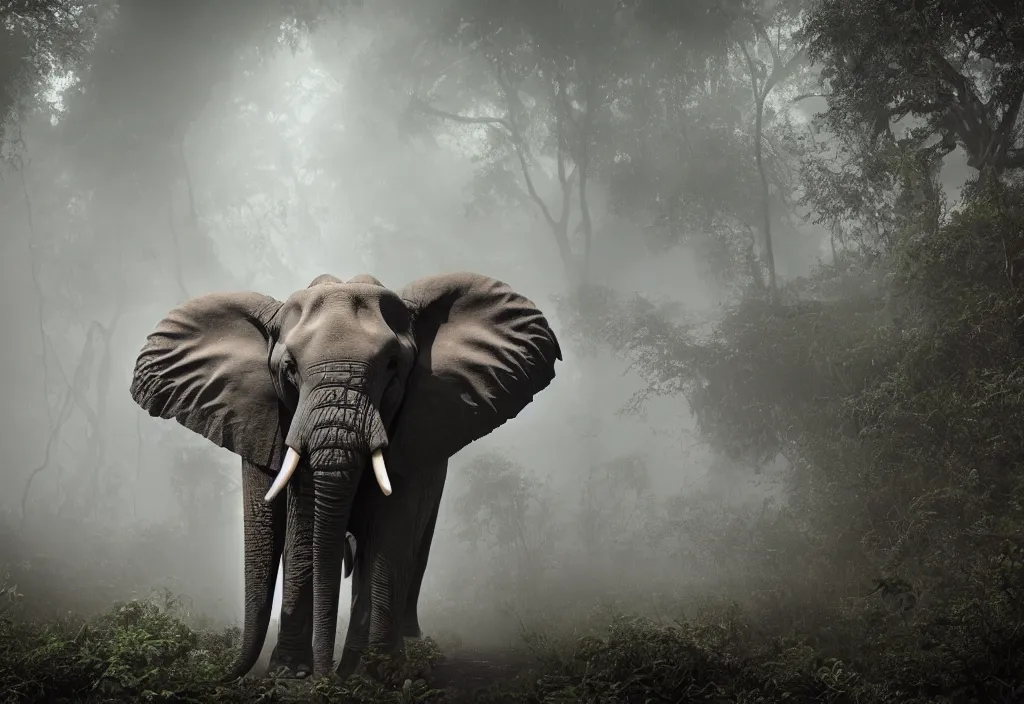 Image similar to an elephant king, his trunk is a tentacle from an octopus, in a jungle with ominous light from above, ambient light, fog, river