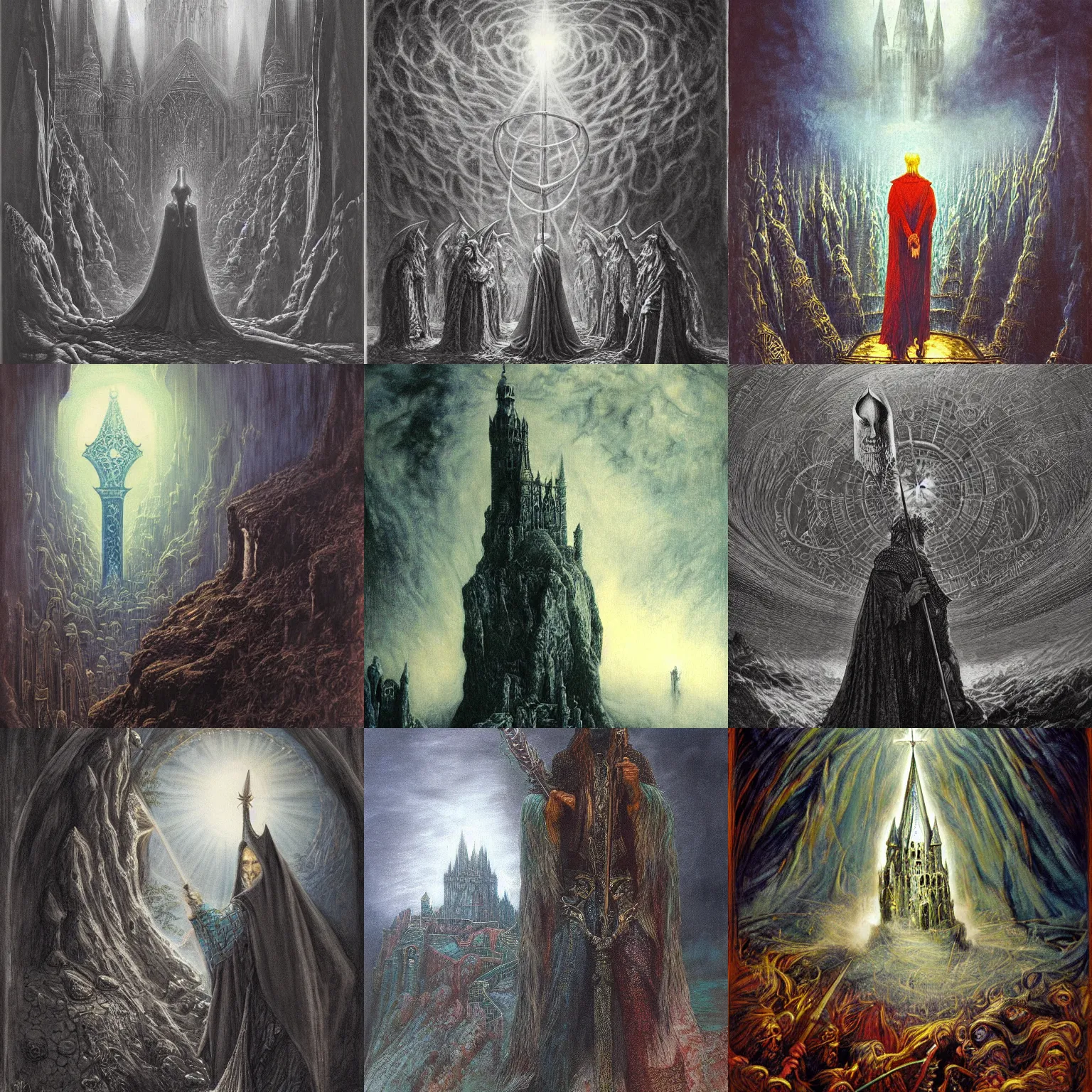 Prompt: merlin, the wizard, oil canvas by munkacsi, john anster fitzgerald, and gustave dore. inspired by john boorman's excalibur ( 1 9 8 1 ). mystical, eeyrie, foggy.