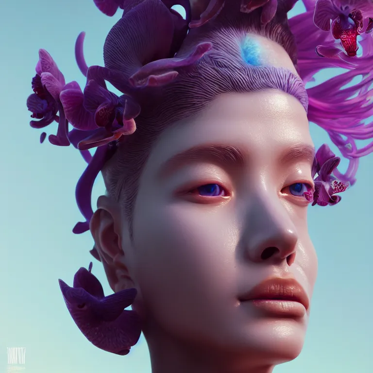 Image similar to goddess full painted acryllic sculpture close-up portrait. orchid bird phoenix jellyfish betta fish, intricate artwork by Tooth Wu and wlop and beeple. octane render, trending on artstation, greg rutkowski very coherent symmetrical artwork. cinematic, hyper realism, high detail, octane render, 8k