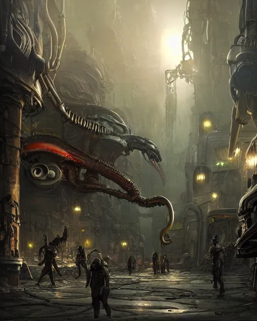 Image similar to xenomorph truck in a robust fantasy village, calming, uplifting mood, ultra realistic, factory, funny, small buildings, highly detailed, epic lighting, illuminated, cinematic, morning, art by eddie mendoza