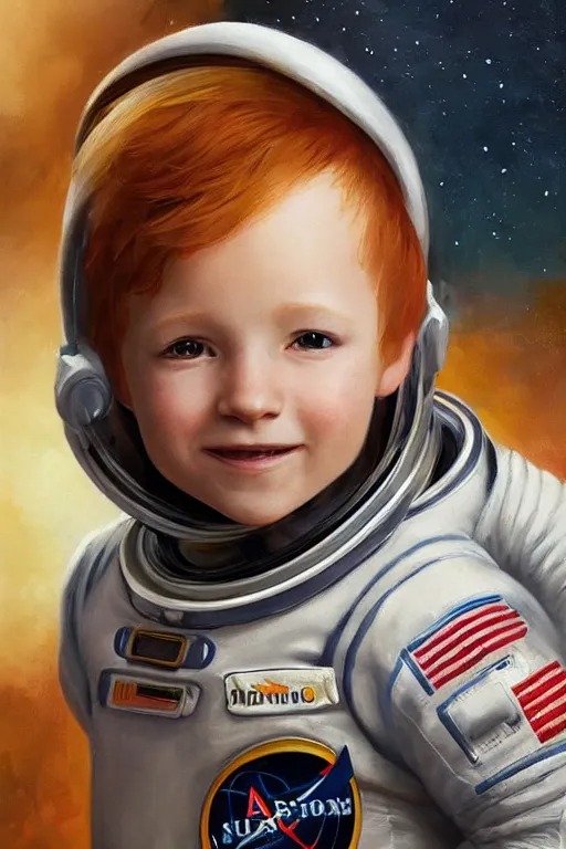 Image similar to a little boy with a michievous face and ginger hair. he is an astronaut, wearing a space suit. clean elegant painting, beautiful detailed face. by raymond swanland and artgerm and greg rutkowski