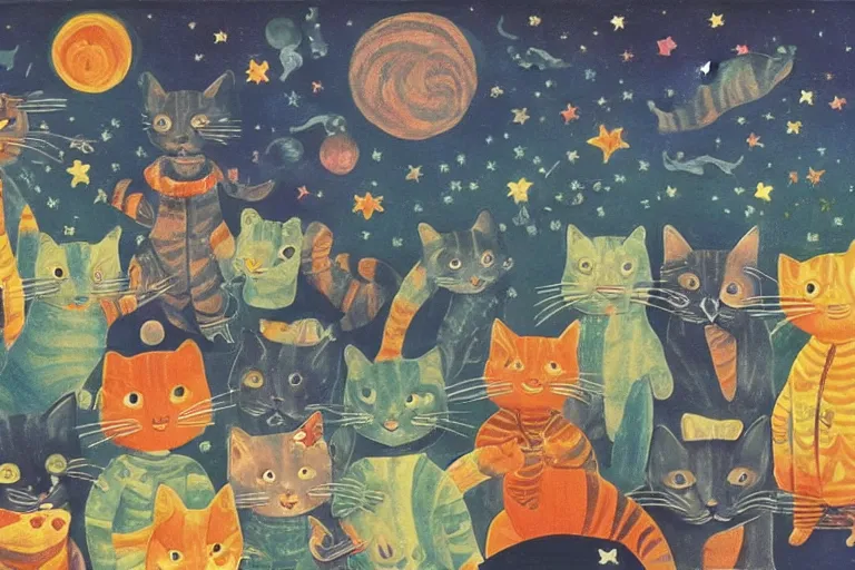 Image similar to night starry sky full of cats, style of henri rousseau and richard scarry and hiroshi yoshida