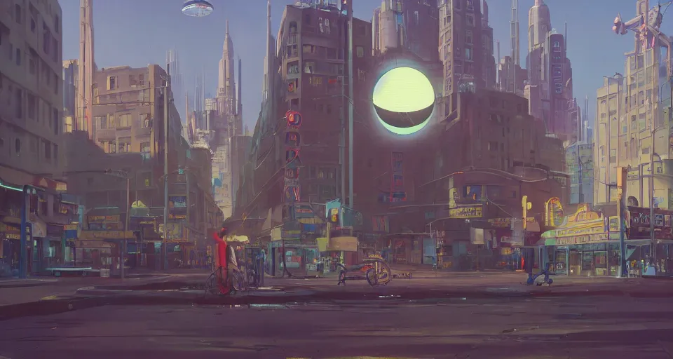 Image similar to A 1950s city scene with a giant Mecha EYEBALL looming overhead, rendered by simon stålenhag, rendered by Beeple, Makoto Shinkai, syd meade, environment concept, digital art, unreal engine, 3 point perspective, WLOP, trending on artstation, low level, 4K UHD image, octane render,