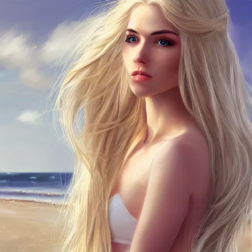Prompt: woman with long blonde hair wearing white clothing siting on a beach, beautiful, 8k, highly detailed, realistic, artgerm, sakimichan, rutkowski, trending on artstation, pixiv, perfect face, portrait,