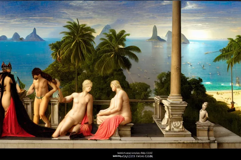 Prompt: Rio de Janeiro balustrade and palace columns, refracted lightnings on the ocean, thunderstorm, tarot cards characters, beach and Tropical vegetation on the background major arcana sky and occult symbols, by paul delaroche, hyperrealistic 4k uhd, award-winning, very detailed paradise