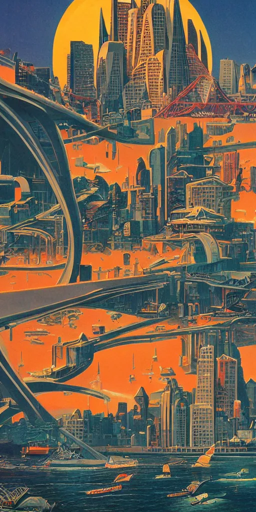 Image similar to Retro futuristic art of San Francisco in the year 2100