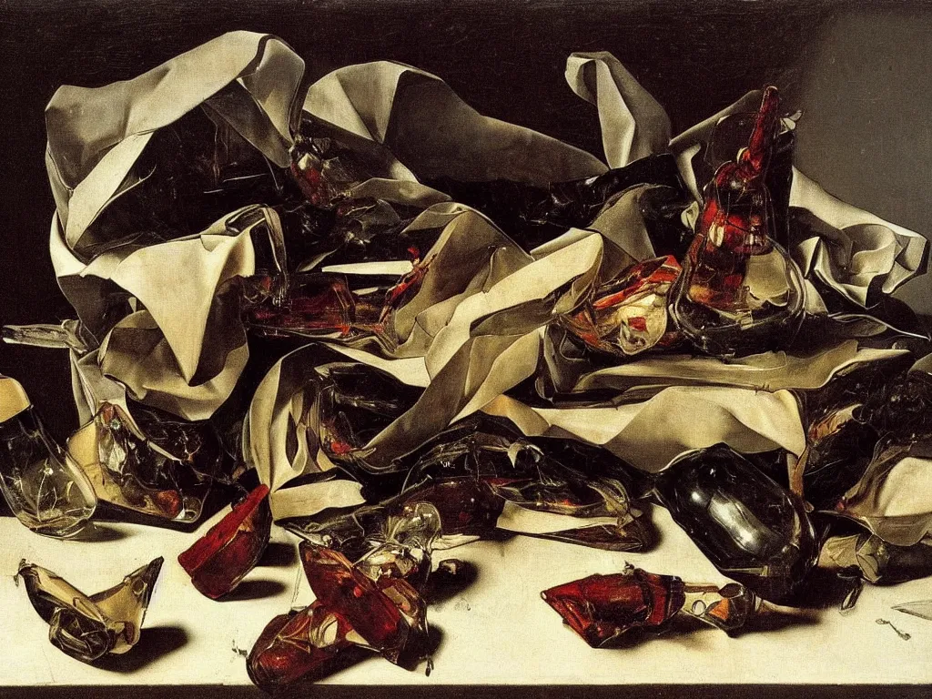 Image similar to by Michelangelo Merisi da Caravaggio Still Life with broken shattered wine bottles