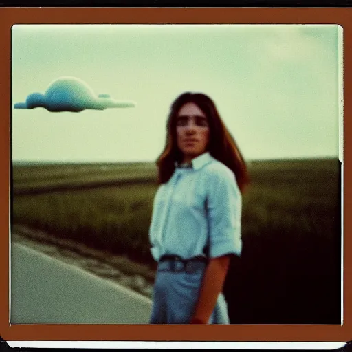 Prompt: a polaroid portrait of a beautiful young woman, detailed clouds, a ufo is visible in the sky, heavy film grain, color bleed