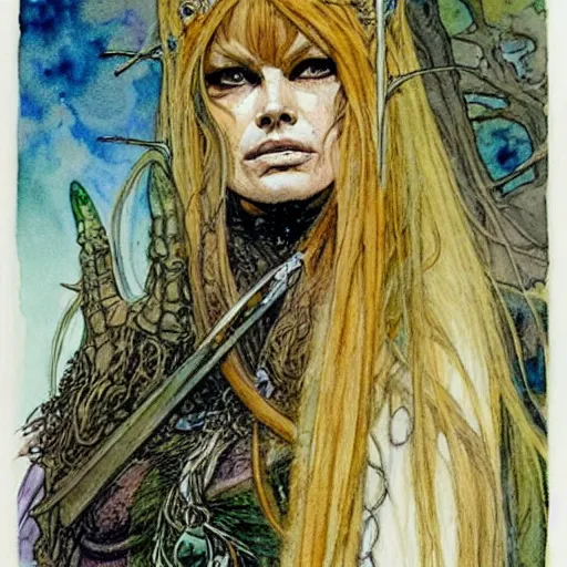 Image similar to a realistic and atmospheric watercolour fantasy character concept art portrait of brigitte bardot as a druidic warrior wizard looking at the camera with an intelligent gaze by rebecca guay, michael kaluta, charles vess and jean moebius giraud