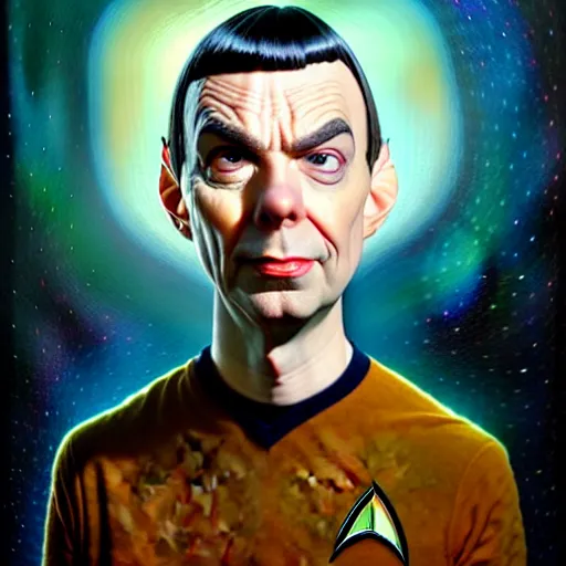 Prompt: Portrait of Sheldon cooper as Spock Funny cartoonish by Gediminas Pranckevicius H 704 and Tomasz Alen Kopera, vulcan ears