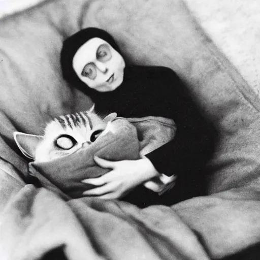 Image similar to count orlok cozy in bed, snuggling his kitty, very peaceful and relaxing photograph, black and white
