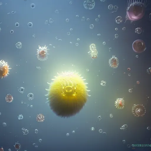 Image similar to tiny single - cell creature, floating, rbc, radiolaria, protophyta, micro - organisms, center, symmetric, rim light, marine microbiology, bioluminescence, electric, fur, soft, concept art, intricate details, highly detailed, colorful, photorealistic, disney pixar, octane render, iridescent, anime, 8 k