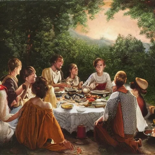 Prompt: a bohemian group of people performing rich meal by candlelight on the veranda among the greenery in summer