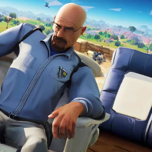 Prompt: realistic gamer walter white in real life on a gaming chair playing fortnite on his pc