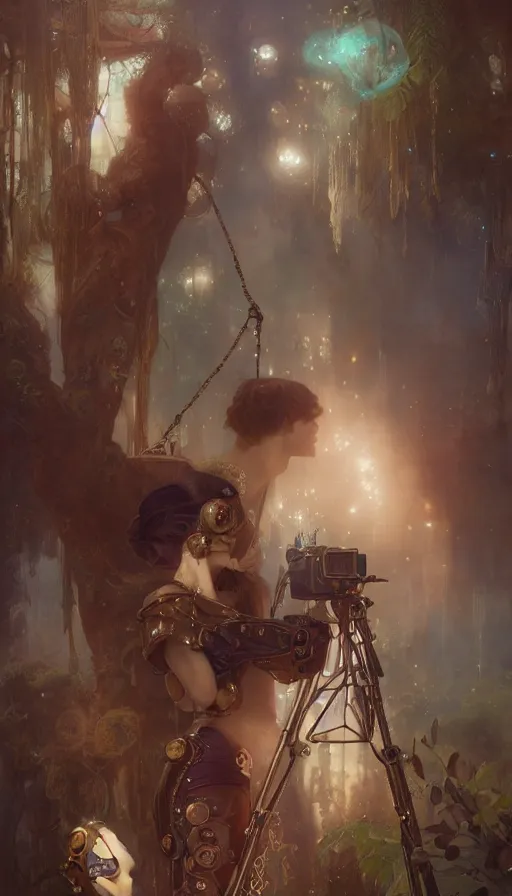 Image similar to hyper realistic photographer taking a picture, magical, gems, jewels, gold, steampunk, cyberpunk, painted by tom bagshaw, mucha, gaston bussiere, craig mullins, j. c. leyendecker 8 k