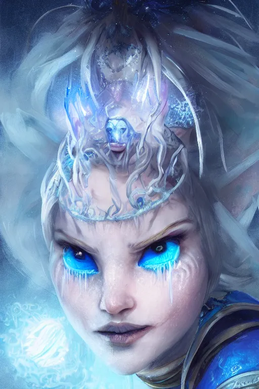Image similar to frozen jester clown mage wizard, eyes glowing blue, heavenly stars in the background, is at dawn and bluish, fantasy, intricate, elegant, digital painting, highly detailed, artstation, sharp focus, illustration, concept art, ruan jia, steve mccurry