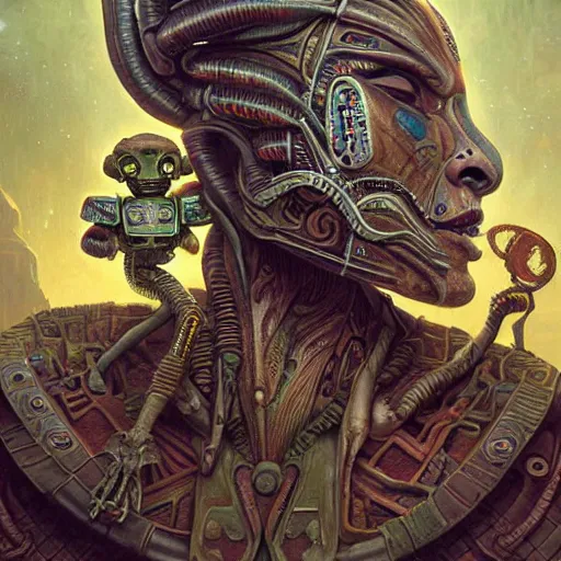 Image similar to An Alien Robot Mayan Ruler, facial tattoos, artists portrait, biomechanical, wild jungle, fantasy, highly detailed, digital painting, concept art, sharp focus, depth of field blur, illustration, art by artgerm and greg rutkowski and alphonse mucha