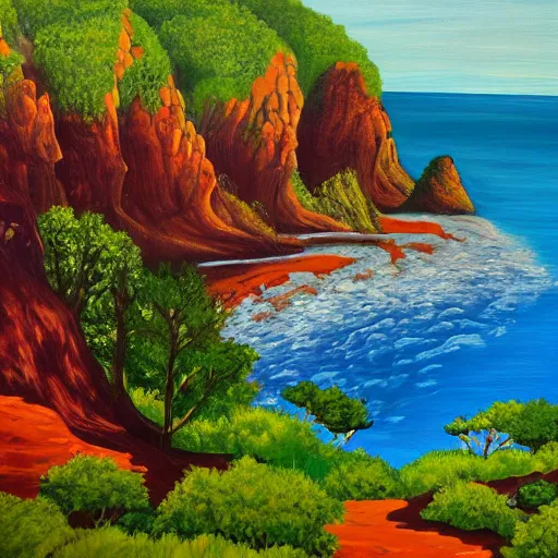 Image similar to acrylic painting of a lush natural scene on an alien planet by wim van de wege. beautiful landscape. weird vegetation. cliffs and water.