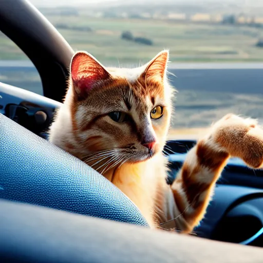 Image similar to cat sitting in driver seat of a cabriolet, paws resting on top of steering wheel, golden hour, top view